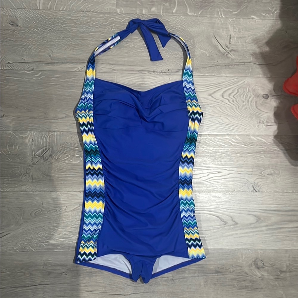 NWOT Amazon Blue One Piece Swimsuit with Chevron Panels